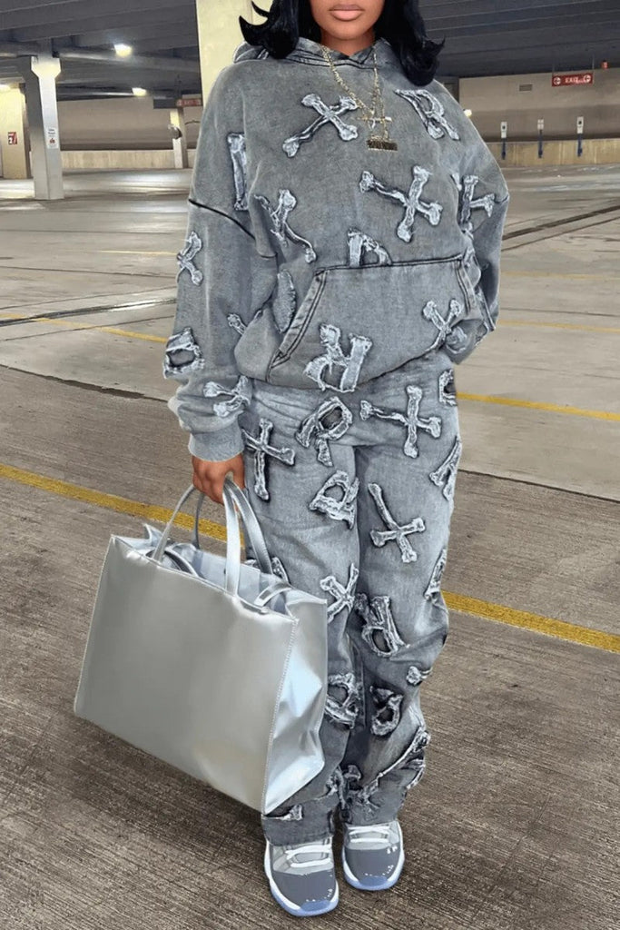 Goosudu Casual Print Patchwork Hooded Collar Long Sleeve Two Pieces