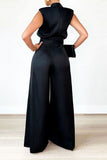 Goosudu Fashion Wide Leg Pants Solid Color Turtleneck Sleeveless Waist Jumpsuit