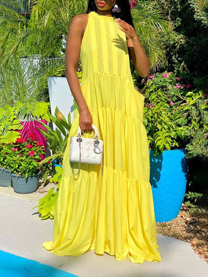 Goosudu Solid Sleeveless Ruffle Dress