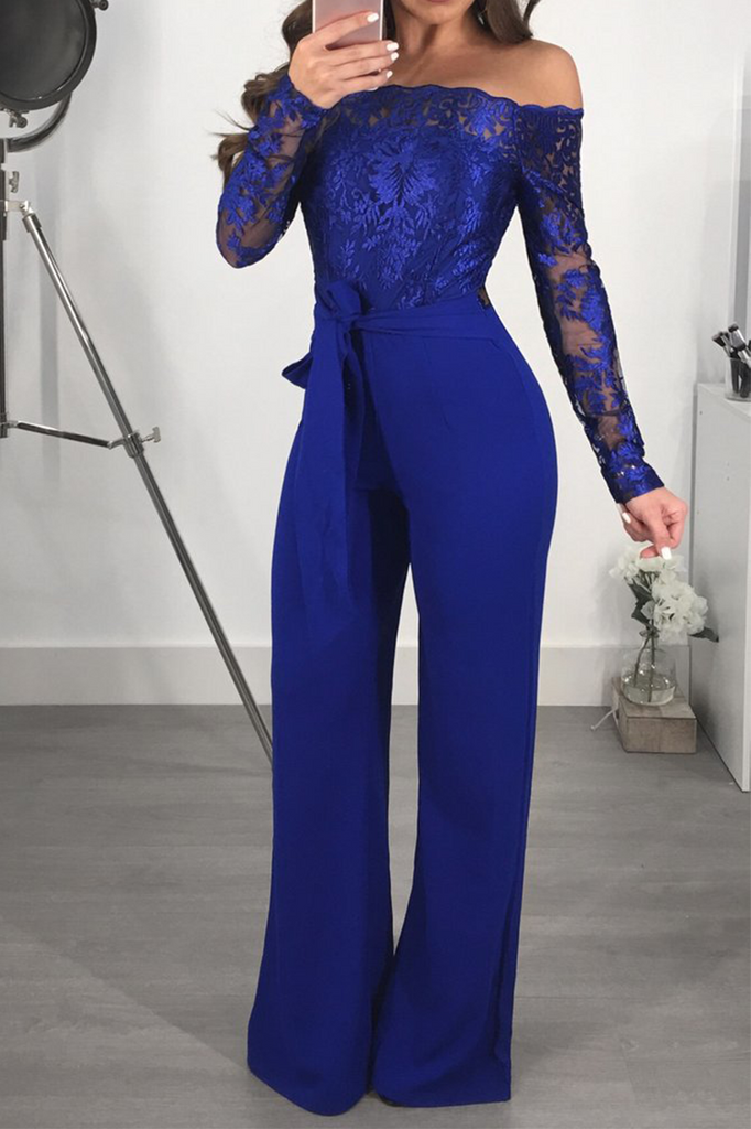 Goosudu Sexy Solid Lace Off the Shoulder Boot Cut Jumpsuits