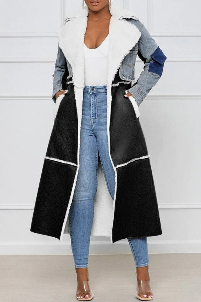 Goosudu Casual Patchwork Cardigan Turndown Collar Long Sleeve Regular Denim Jacket