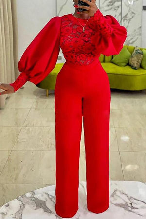 Goosudu Fashion Lace Stitching Round Neck Puff Sleeve Jumpsuit