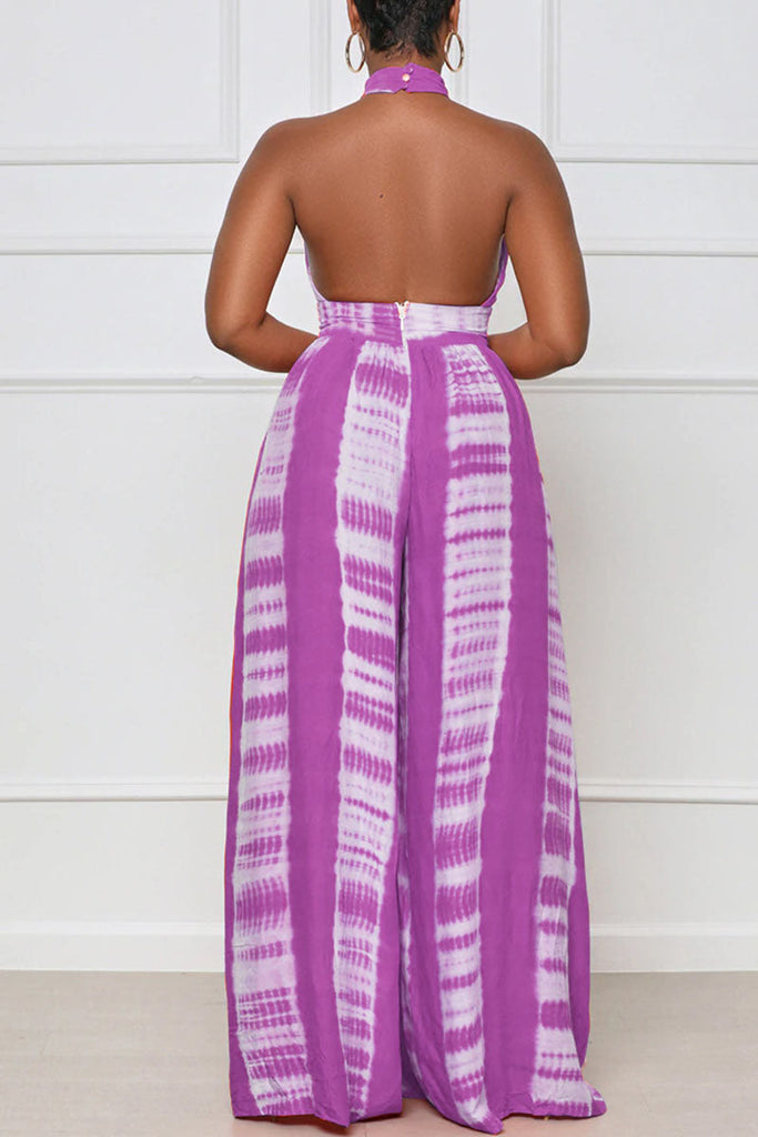 Goosudu Sexy Print Patchwork Backless Halter Straight Jumpsuits