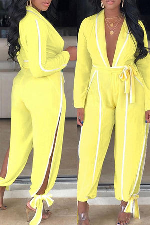 Goosudu On-trend V-neck Side Slit Bow Long Sleeve Jumpsuit