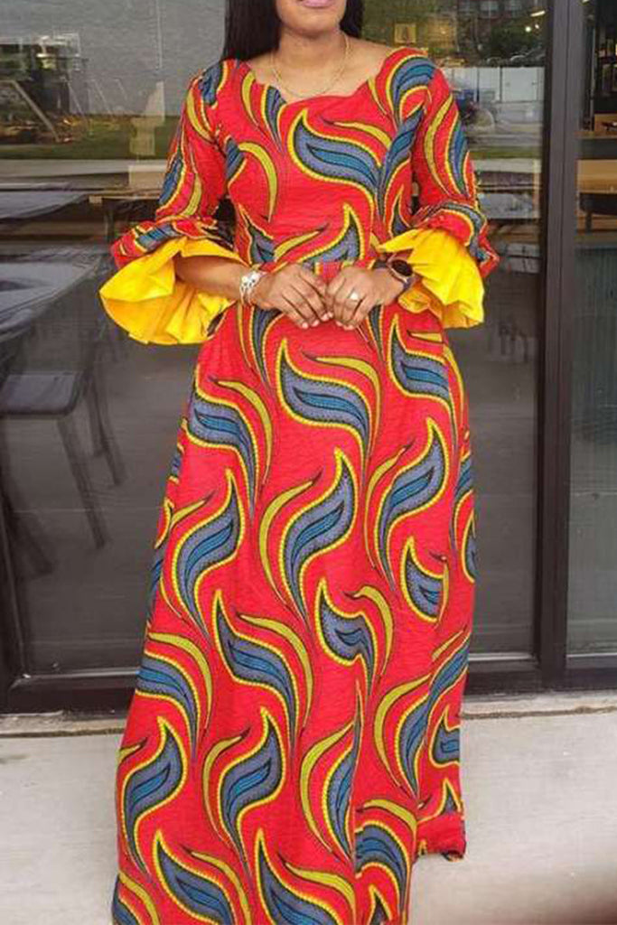 Goosudu Floral Vintage Print Bell Sleeve O Neck Maxi Dress