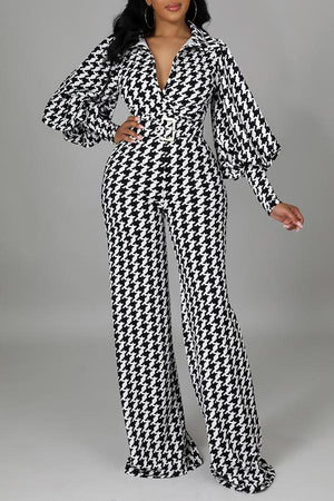 Goosudu OL Houndstooth Lantern Sleeve Belted Jumpsuit
