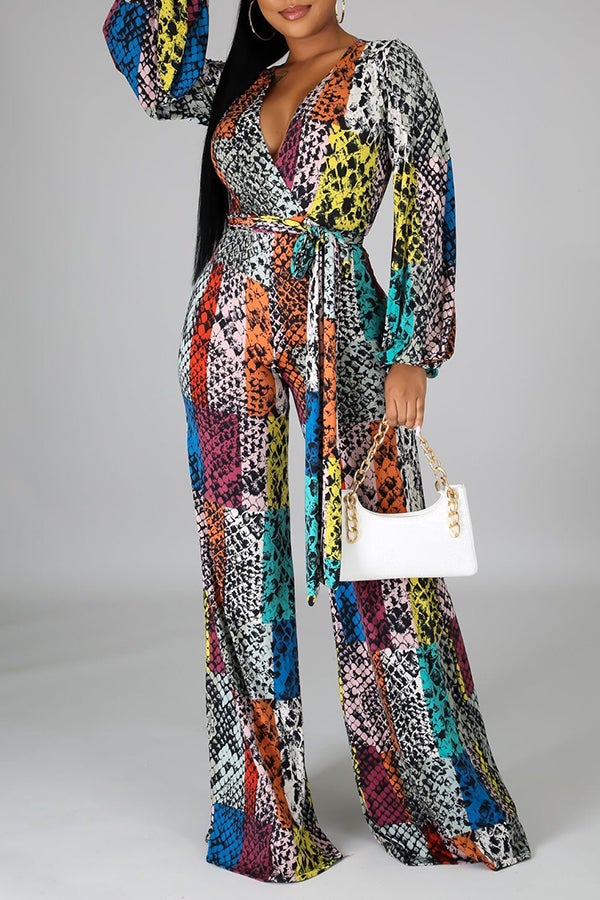 Goosudu Fashion Printed Flared Wide-leg Long-sleeved Jumpsuit