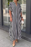 Goosudu Casual Striped Print Patchwork V Neck Long Dress Dresses