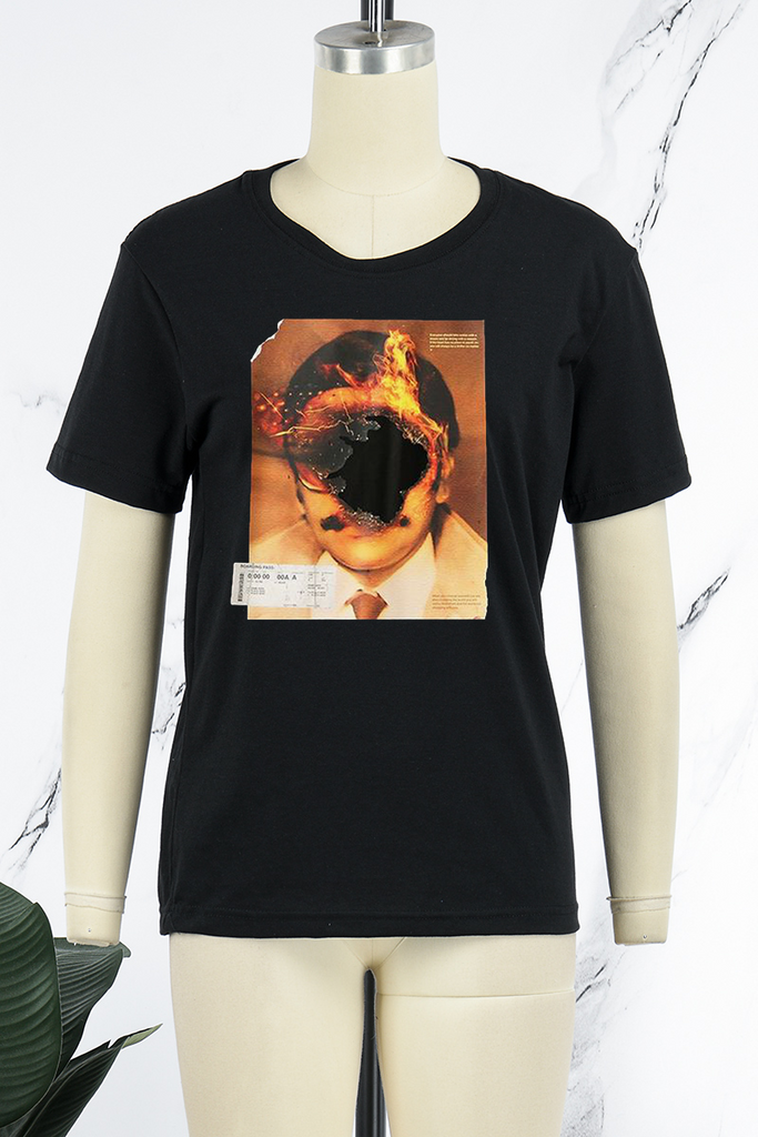 Goosudu Street Print Patchwork O Neck T-Shirts