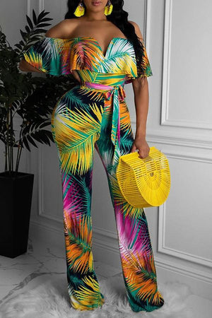 Goosudu Bohemian Off Shoulder Ruffled Halter Jumpsuit