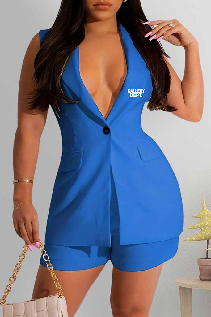 Goosudu Casual Work Print Letter Turn-back Collar Sleeveless Two Pieces