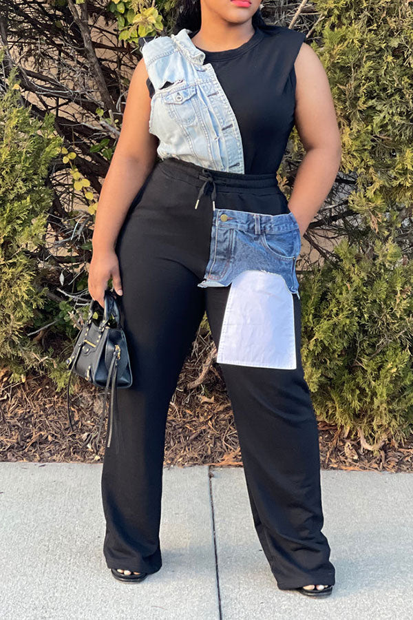 Goosudu Denim Pocket Patchwork Stylish Drawstring Pants