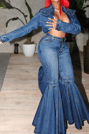 Goosudu Solid Color Pretty Layered Bell Bottoms Jeans