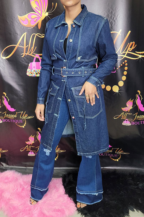 Goosudu Patchwork Classic Belted Denim Trench Coat