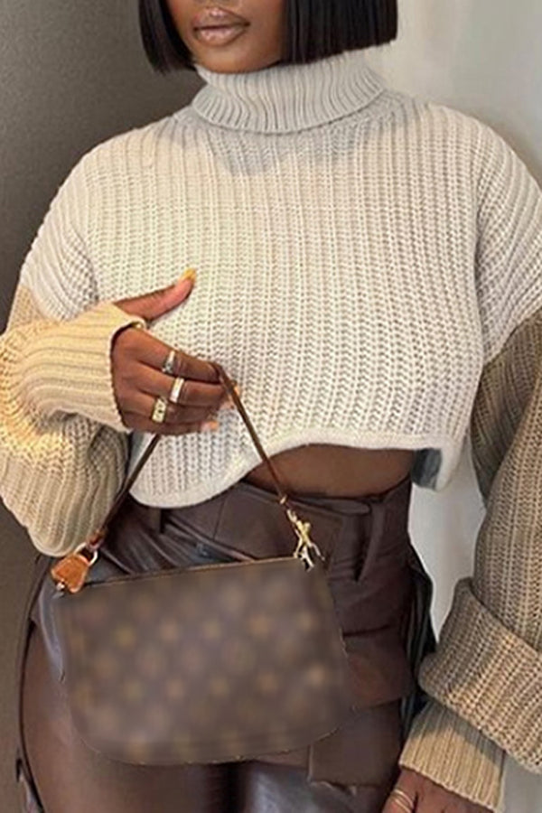 Goosudu Fashion Stitchinf Sleeve High Neck Long Sleeve Short Sweater