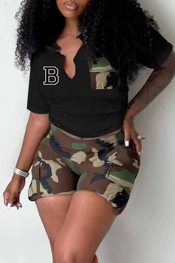 Goosudu Casual Print Letter V Neck Short Sleeve Two Pieces
