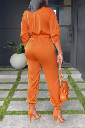 Goosudu Solid Shirt Collar Bracelet Sleeve Tie Waist Jumpsuit