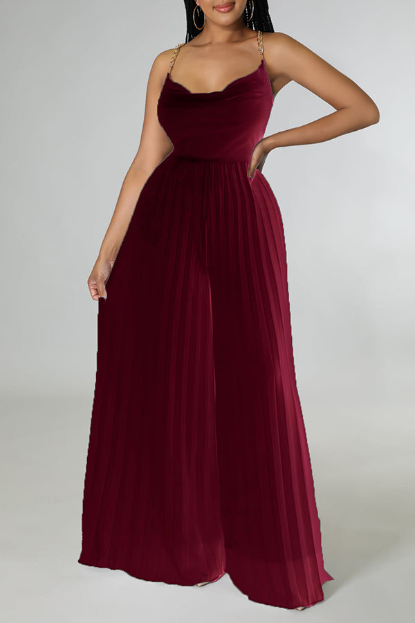 Goosudu Glamorous Solid Color Pleated Backless Chain Sling Jumpsuits