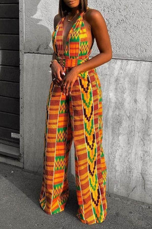 Goosudu Fashionable Geometric Print Multi-wear Loose Wide-leg Jumpsuit