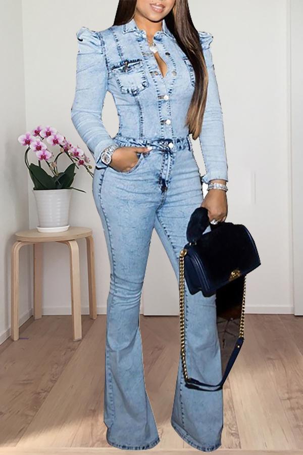 Goosudu Fashion Plus Size Wide Shoulder Denim Flared Jumpsuit