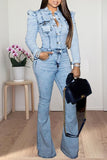Goosudu Fashion Plus Size Wide Shoulder Denim Flared Jumpsuit