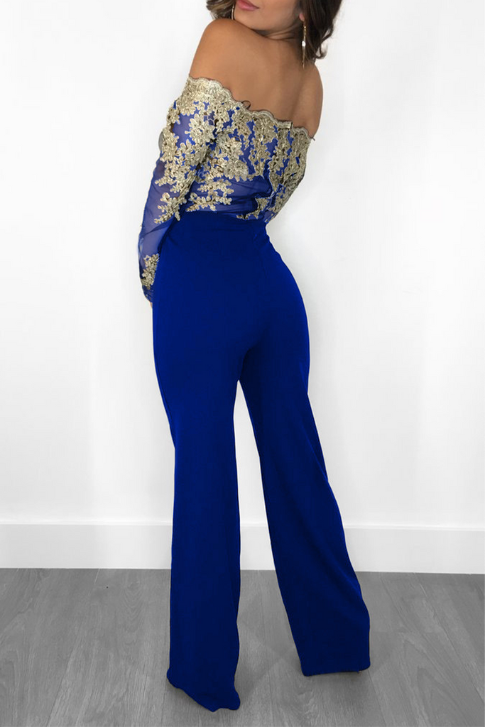 Goosudu Sexy Solid Lace Off the Shoulder Boot Cut Jumpsuits