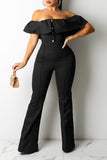 Goosudu Casual Ruffled Off-the-Shoulder Slim Fit High-Rise Jumpsuit