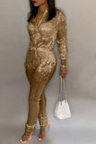 Goosudu Solid Sequin Zip Collar Drawstring Plus Size Jumpsuit
