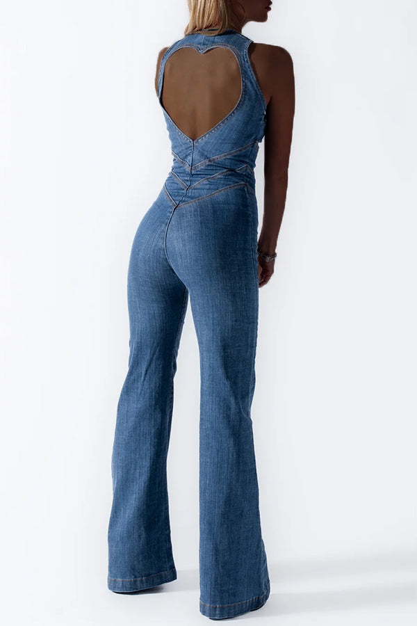 Goosudu Sexy Sleeveless Round Neck Zip Slim Backless Denim Jumpsuits