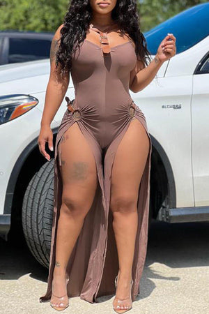 Goosudu Sexy Sleeveless Slim Sling High Slit Wide Leg Jumpsuits