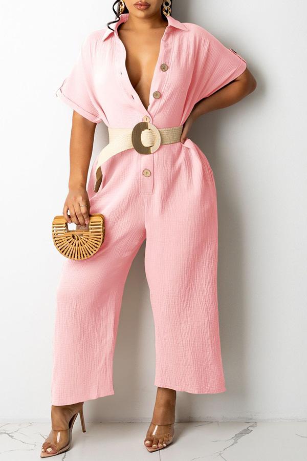 Goosudu Cotton Blend Shirt Collar Single-breasted Pocket Jumpsuit