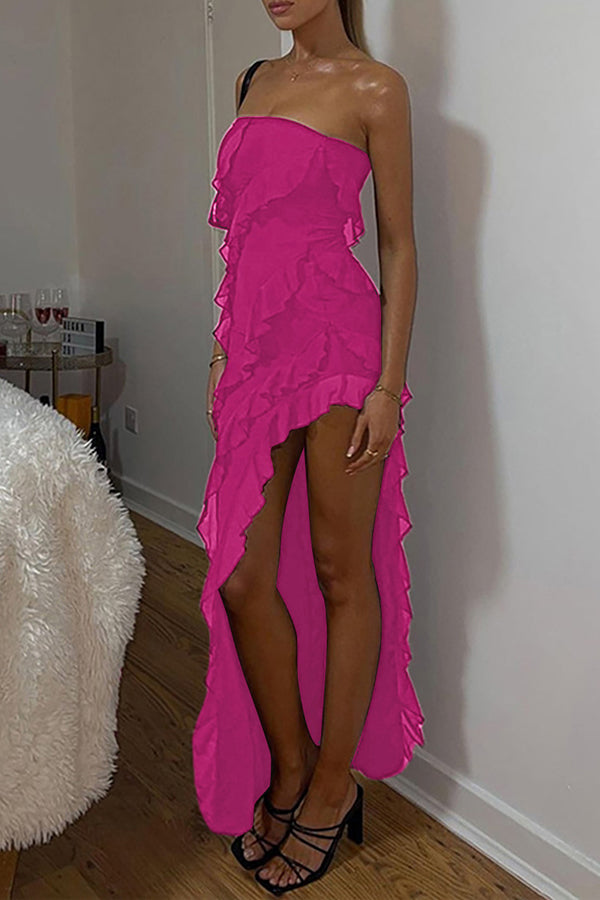 Goosudu Elegant Wrapped Ruffles Slit Maxi Dress