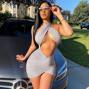Goosudu Sexy Cutout Front Cross Halter Neck Ruched Bodycon Mini Dress - Gray