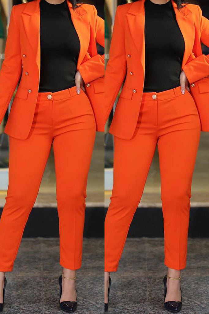 Goosudu Casual Solid Cardigan Pants Turn-back Collar Long Sleeve Two Pieces