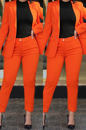 Goosudu Casual Solid Cardigan Pants Turn-back Collar Long Sleeve Two Pieces