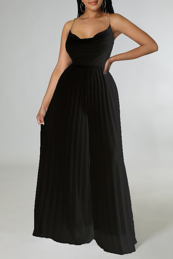 Goosudu Glamorous Solid Color Pleated Backless Chain Sling Jumpsuits
