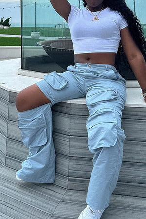 Goosudu Solid Color Patch Pocket Unique Detachable Pants