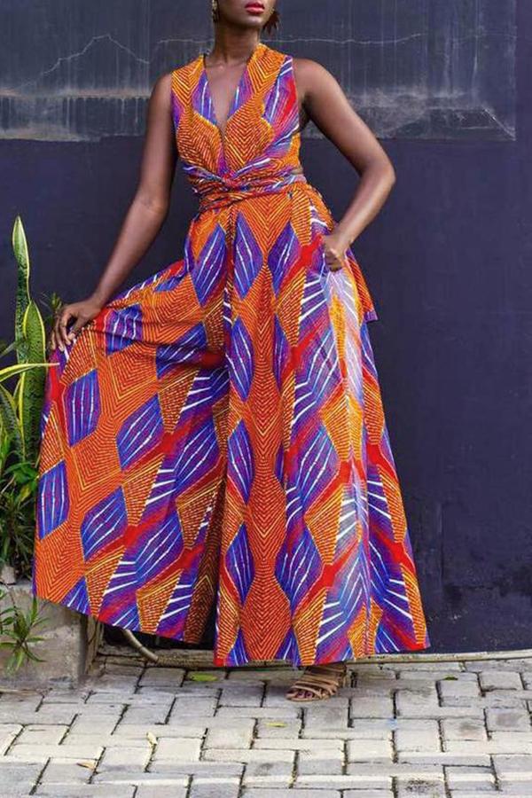 Goosudu Fashionable Geometric Print Multi-wear Loose Wide-leg Jumpsuit