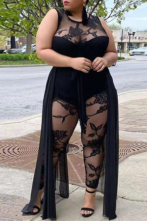 Goosudu Sexy Plus Size Lace See Through Sleeveless Mesh Jumpsuit