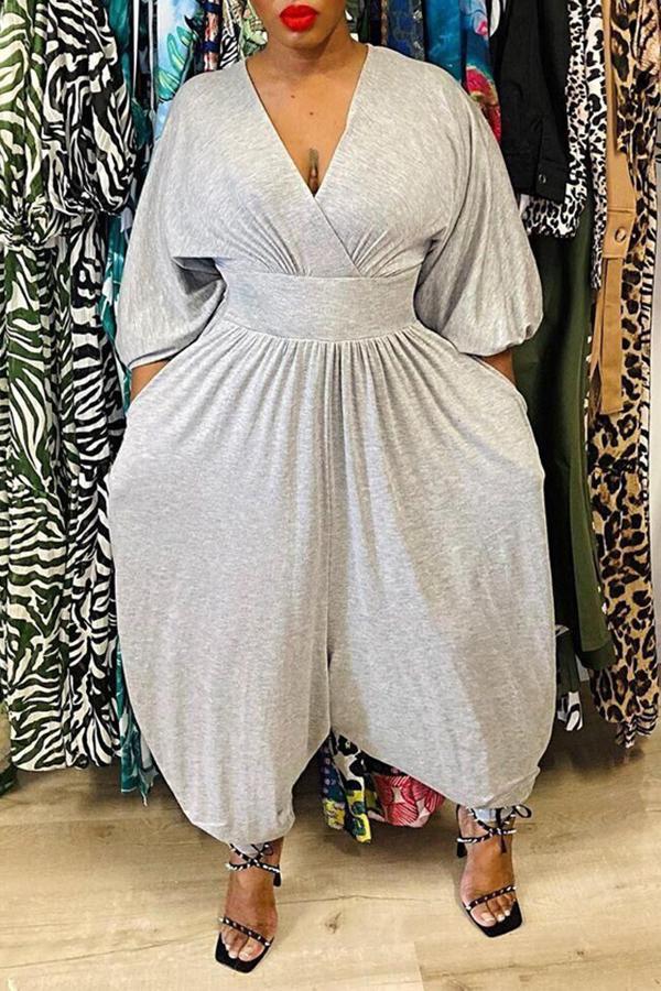 Goosudu Deep V Neck Pocket Casual Jumpsuit