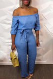 Goosudu Solid Color Off Shoulder High Waist Belt Casual Wide Leg Jumpsuit