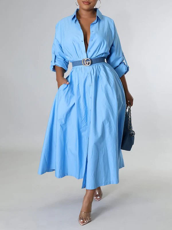 Goosudu Solid Cinched-Waist Shirt Dress