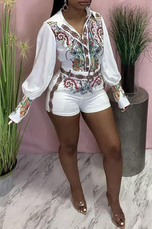 Goosudu Fashion Positioning Printed Shirt Collar Belt Rompers