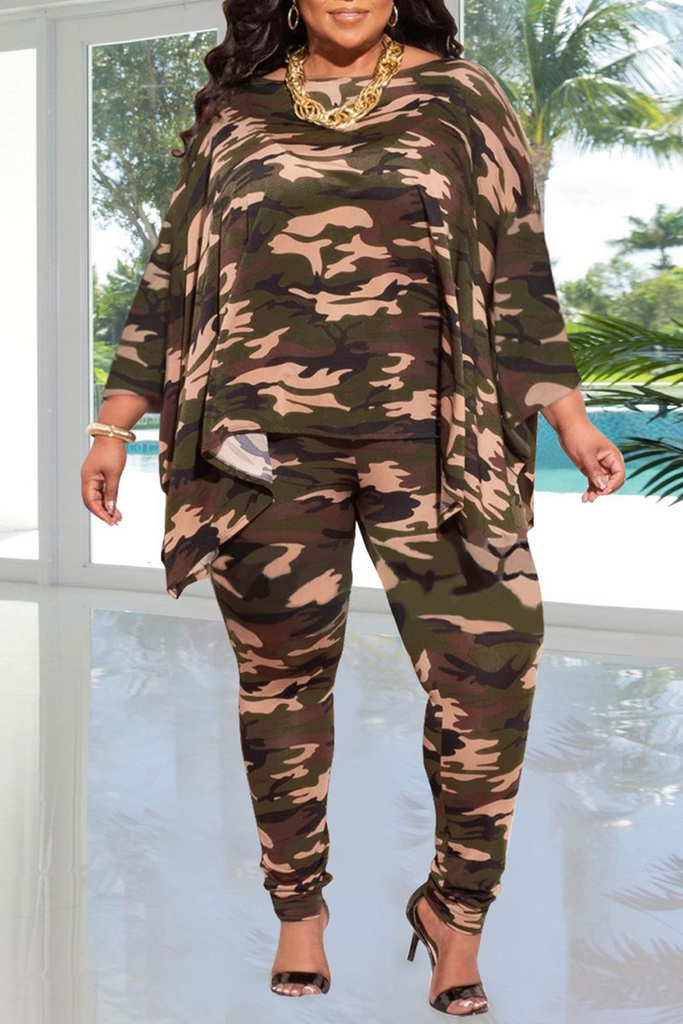 Goosudu Casual Print Patchwork O Neck Plus Size Two Pieces