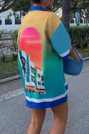 Goosudu Casual Print Patchwork Shirt Collar Tops