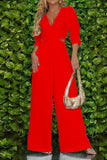 Goosudu Temperament Half Sleeve V-Neck Solid Color Cutout Wide-Leg Jumpsuits