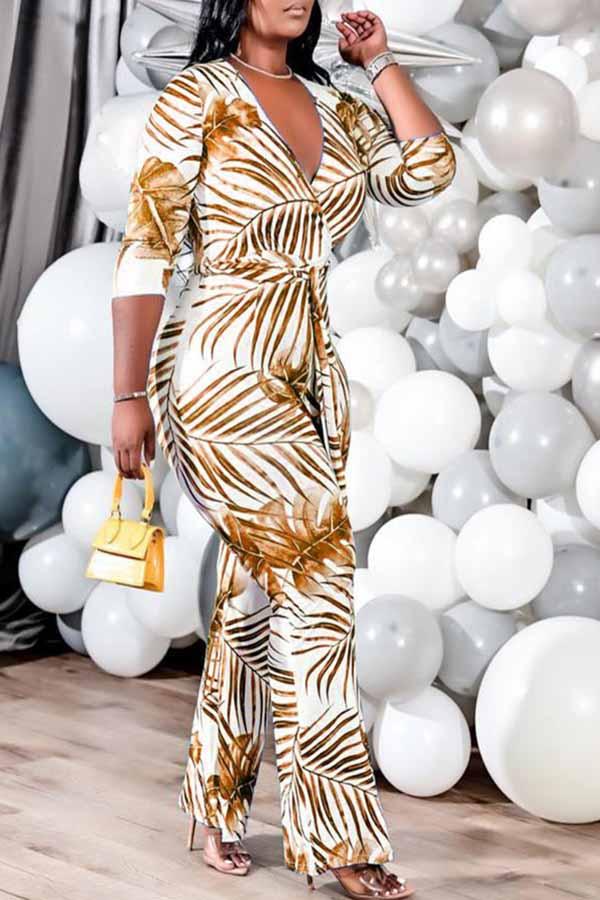 Goosudu Plus Size Palm 3/4 Length Sleeve Tie Waist Jumpsuit