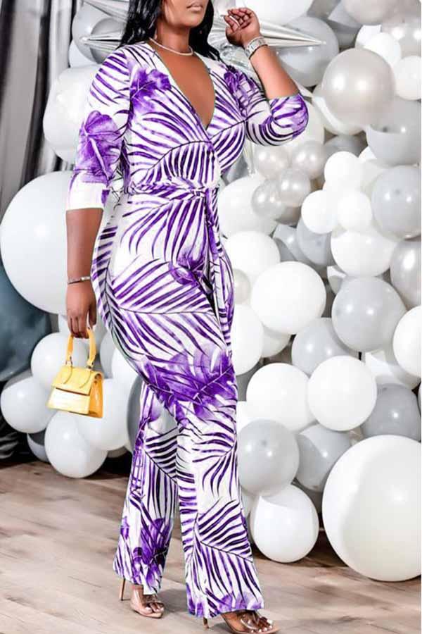 Goosudu Plus Size Palm 3/4 Length Sleeve Tie Waist Jumpsuit