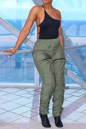 Goosudu Solid Color Casual Pocket Ruched Detail Pants