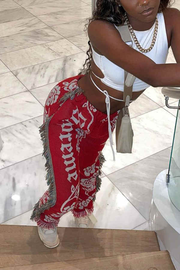 Goosudu Fashion Casual Regular Print Fringe Edge Pants